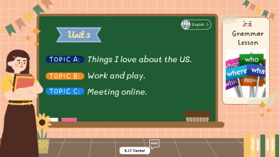 level 1 unit 3 A. Things I love about the US. B. Work and play. C. Meeting online.